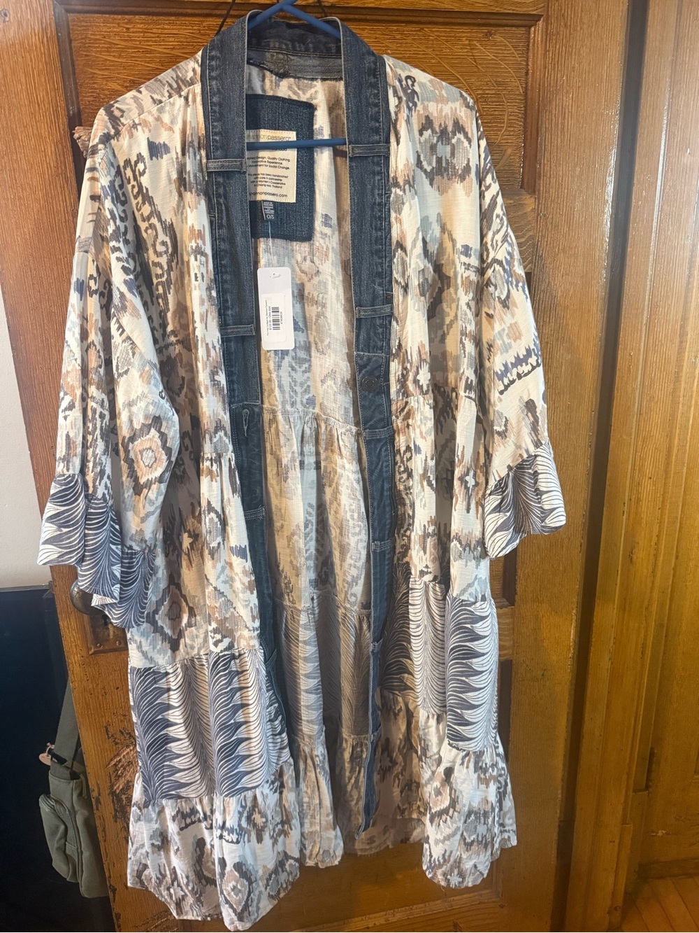 Shannon Passero Lightweight Bohemian Print Kimono Jacket in Beige & Blue-nwt